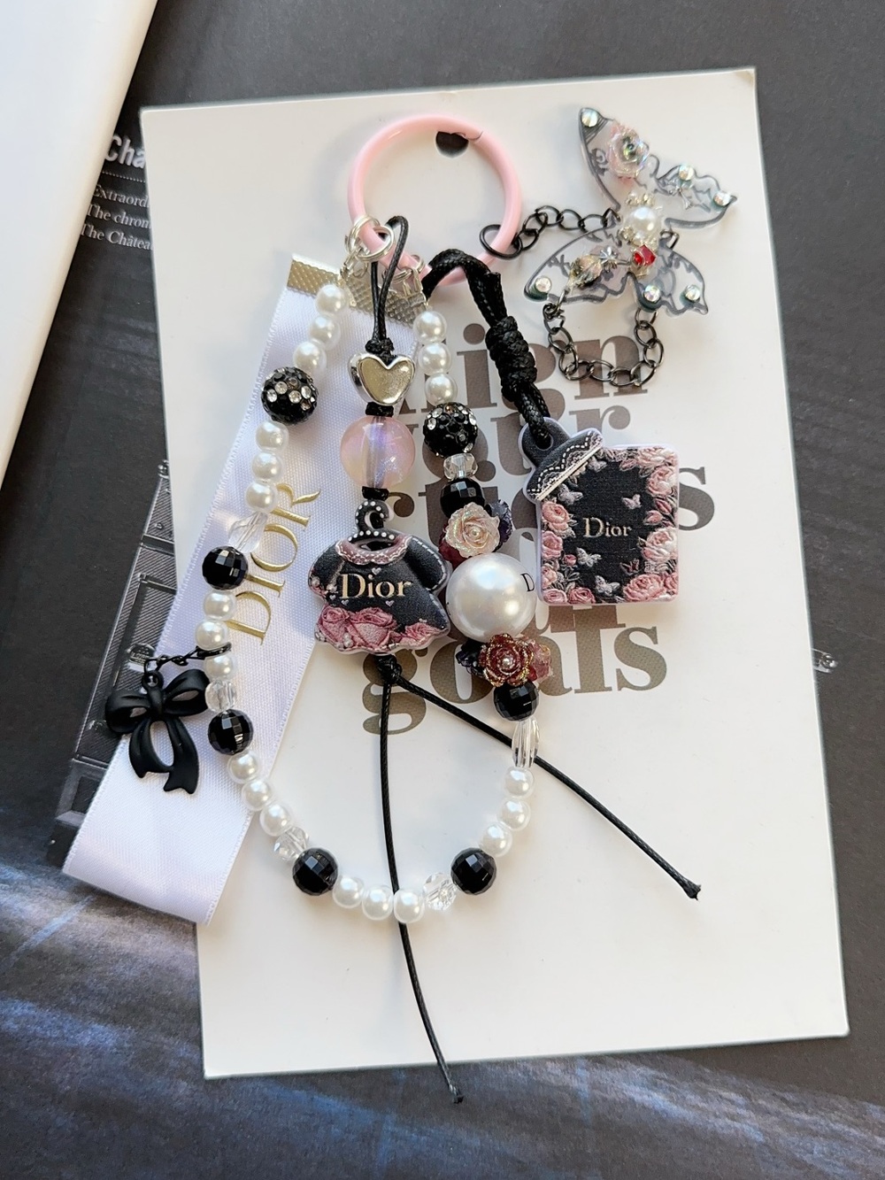 Authentic CD Ribbon with unbranded Floral Black & Pink Charm